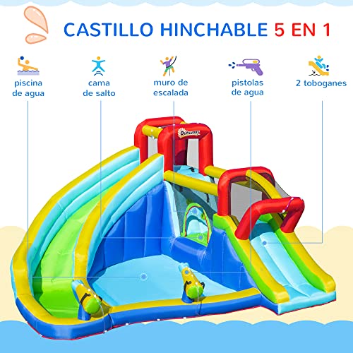 Outsunny Castillo Hinchable con 2 Toboganes Cama de Salto y Piscina para Niños de +3 Años Incluye Inflador y Bolsa de Transporte para Interior Exterior 385x365x200 cm Multicolor