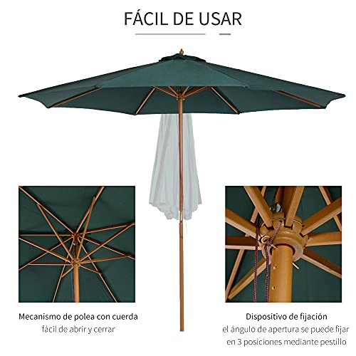 Outsunny Sombrilla Parasol Verde mástil de Madera Terraza Jardin Piscina Camping 3m Diámetro