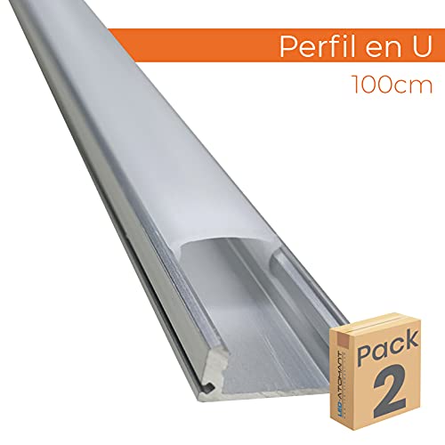 Pack 2x Perfil de Aluminio, 1 metro para Tira LED con Tapa Translucida. Tapones de los Extremos y clips de montaje Incluidos. Canaleta LED.