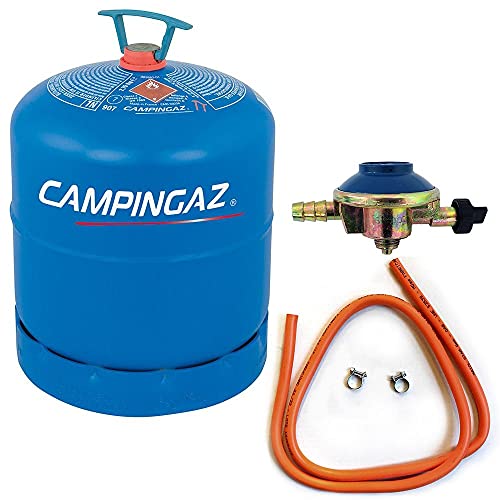Pack de Botella de Gas Camping Azul Recargable R907 + Regulador 30Mbar + Manguera con Abrazaderas 1,5m (Botella de Gas + Kit regulador 30Mbar)