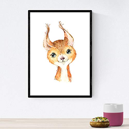 Pack de cuatro láminas con ilustraciones de animales. Posters con imágenes infantiles de animales. Hiena ciervo buho y mofeta. Tamaño A4 sin marco…