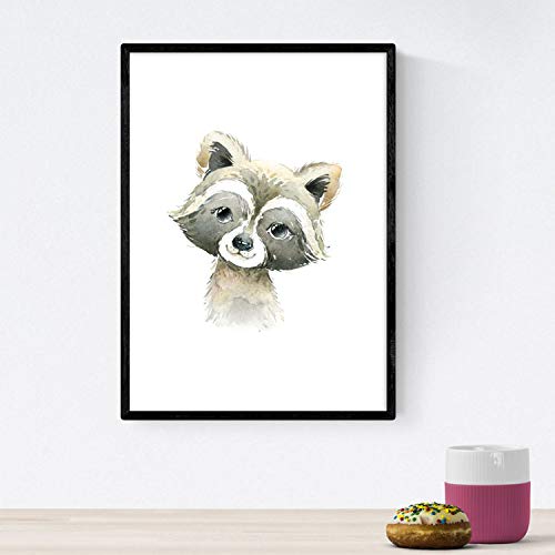 Pack de cuatro láminas con ilustraciones de animales. Posters con imágenes infantiles de animales. Tigre mofeta hiena mapache. Tamaño A4 sin marco