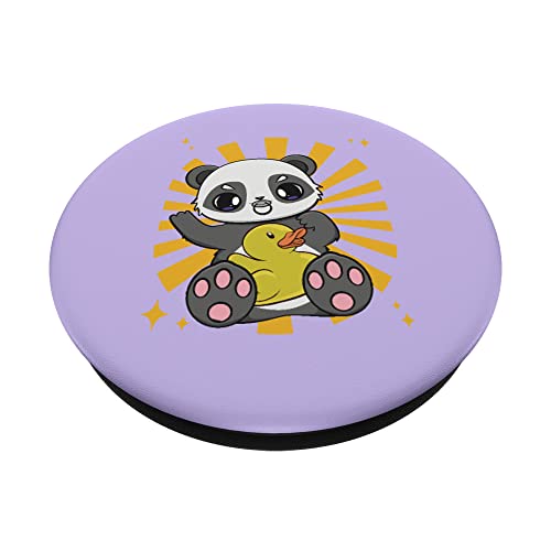 Panda lindo con pato amarillo juguete Kawaii oso cachorro niño PopSockets PopGrip Intercambiable