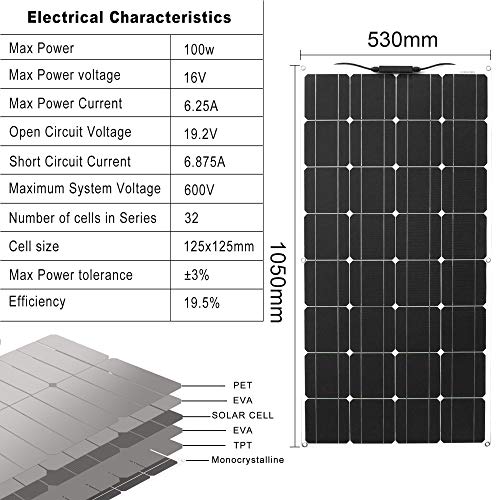 Panel Solar 100W 12V Panel Solar Monocristalino Flexible Ultra Ligero Ultra Delgado Impermeable Cargador Solar para Autocaravana, Techo, Caravana, Barco y Superficies Desparejas(1 * 100W)