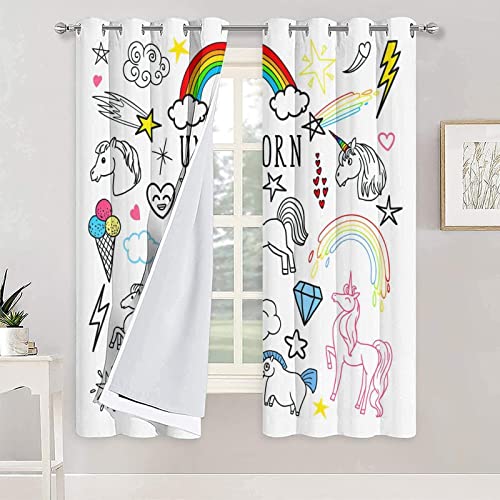 Paneles de cortina opacos con diseño de arco iris mágico a mano alzada Doodle pegatinas para habitación ventana paneles decoración 160x160cm