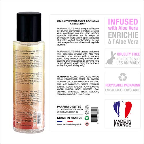 Parfum D’Elite Paris – Ambre Story – Bruma perfumada para cuerpo y cabello para mujer, enriquecida con aloe vera y de larga duración, 100 ml