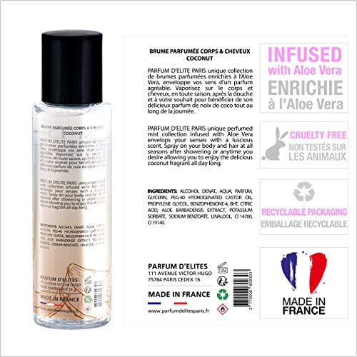 Parfum D’Elite Paris – Coconut – Bruma perfumada para cuerpo y cabello para mujer, ligera y refrescante, no mancha, 100 ml