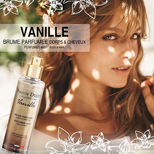 PARFUM D’ELITE PARIS – Vanille – Bruma perfumada para cuerpo y cabello Made in France para Mujer, enriquecida con aloe hidratante, 100 ml