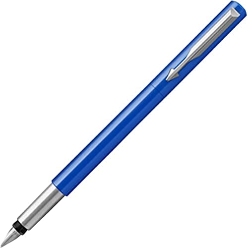 PARKER Vector pluma estilográfica, color azul con adorno cromado, plumín mediano, tinta azul, en blíster