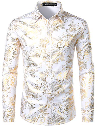 Parklees - Camisa de vestir para hombre, diseño de cachemira, color dorado brillante Blanco Oro blanco. M