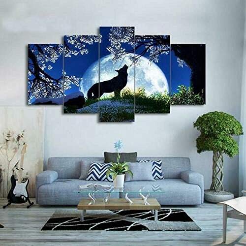 PEBROU Impresión de lienzo de 5 paneles Luna llena, animales, lobos, flores 200x100cm La elección perfecta para dormitorios domésticos y de oficina.