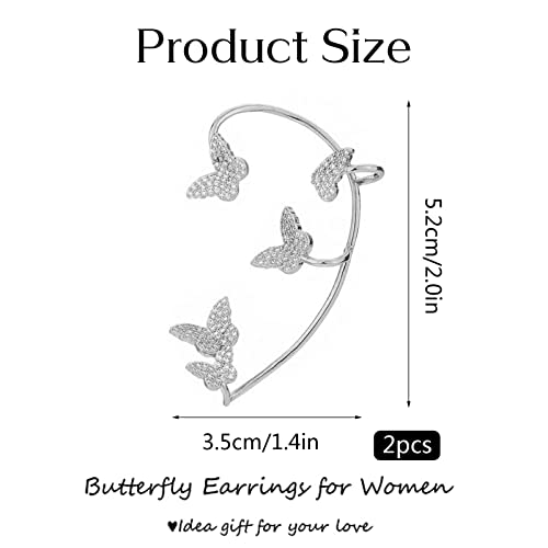 Pendiente de Oreja de Mariposa, Pendientes de Mariposa de Circón, Pendientes de Mariposa para Mujer, Pendientes de Mariposa para Orejas Clip, Pendientes de Clip de Mariposa (Plata)
