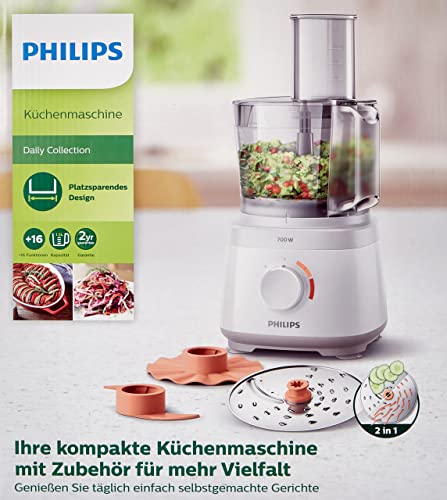 Philips Robot de cocina HR7310/10 - Robot de cocina compacto todo en uno, amasa, bate, corta y ralla, 16 funciones, hasta 5 raciones, 700 W, 1,5 L, color blanco