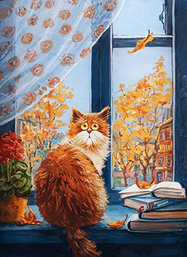 Pintura por número gato animal dibujo sobre lienzo pintura por número para adultos ventana paisaje pintado a mano arte de pared A7 40x50cm