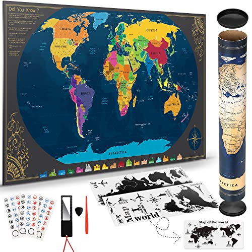 Pootack Mapa Mural para Rascar del Mundo 840 * 420mm, Perfecto para los Viajeros/Exploradores/Coleccionistas, Regalos Cumpleaños Navidad Oro/Azul