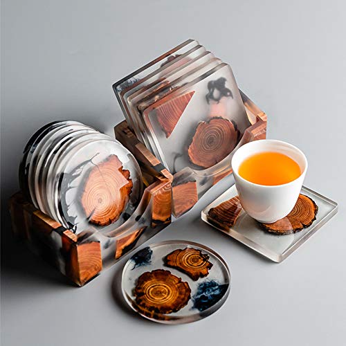 Posavasos de Resina de Pino Natural 6 Set, Posavasos de epoxi Resistente al Calor para la Estera de la Taza de té / Taza de café, con el Titular de los Regalos de inauguración de la casa (Cuadrado)