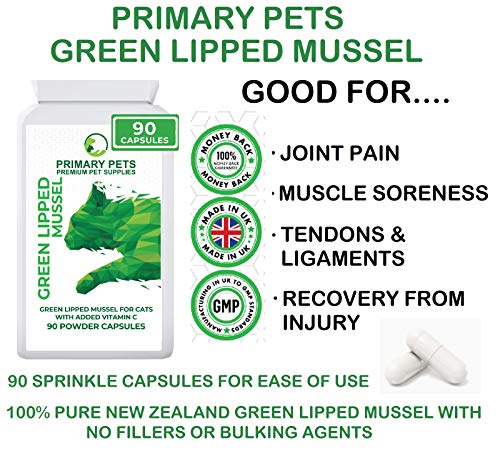 Primary Pets Mejillón Labiado Verde para Gatos. 90 Cápsulas de Polvo. Ayuda Conjunta para mejillones de Labios Verdes de Nueva Zelanda Premium