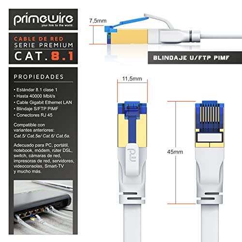 Primewire – 7,5m - Cable de Red Cat 8.1 Plano - 40 Gbits - Gigabit Ethernet LAN 40000 Mbits con Conector RJ 45 - Revestido de PVC - Blindaje U FTP Pimf - Compatible Switch Rúter Modem PC Smart-TV