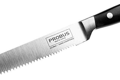 Probus kitchen knife serrated 24,5 cm, hand sharpened premium knife with serrated edge, serrated stainless steel chef's knife, ergonomic & non-slip handle (blade: 14 cm), Quantity: 1 piece