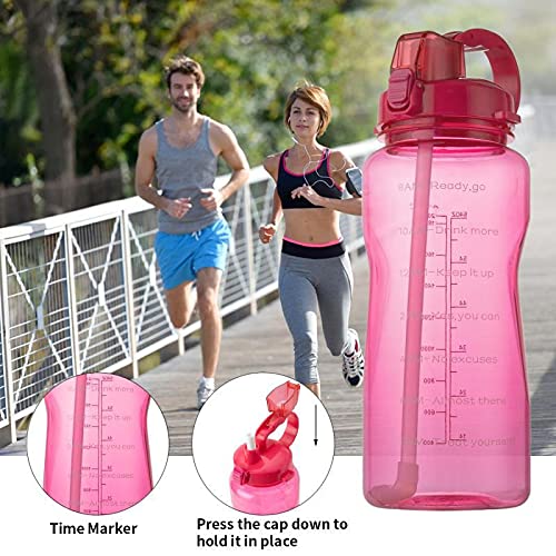QAZW 1 Gallon/128 oz Motivational Water Bottle with Time Marker/Straw, Leakproof Tritan BPA Free Water Jug,Large Capacity Water Bottle for Fitness Gym Camping Outdoor Sports,Purple/Pink-2L