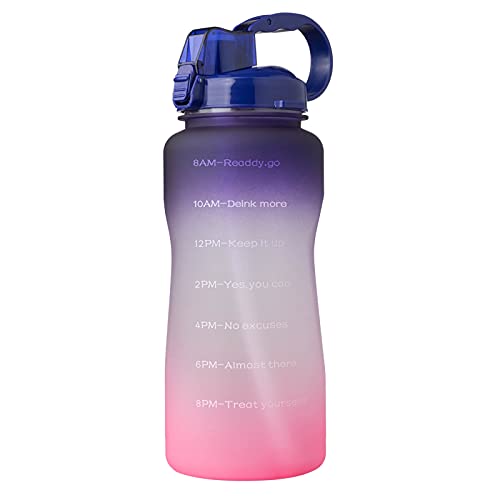 QAZW 1 Gallon/128 oz Motivational Water Bottle with Time Marker/Straw, Leakproof Tritan BPA Free Water Jug,Large Capacity Water Bottle for Fitness Gym Camping Outdoor Sports,Purple/Pink-2L