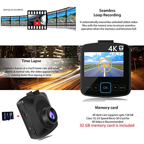 RED WOLF Ultra HD Dual Dash Cam, 4K 2160P WiFi cámara de coche Dash cams w/2.4 pulgadas pantalla LCD visión nocturna 150 ° lente gran angular, G-sensor, tarjeta W/32 GB, impermeable