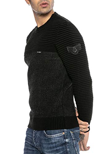 Redbridge Suéter para Hombre Jersey de Punto Sudadera Slim-Fit Cuello Redondo Negro M