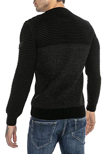 Redbridge Suéter para Hombre Jersey de Punto Sudadera Slim-Fit Cuello Redondo Negro M