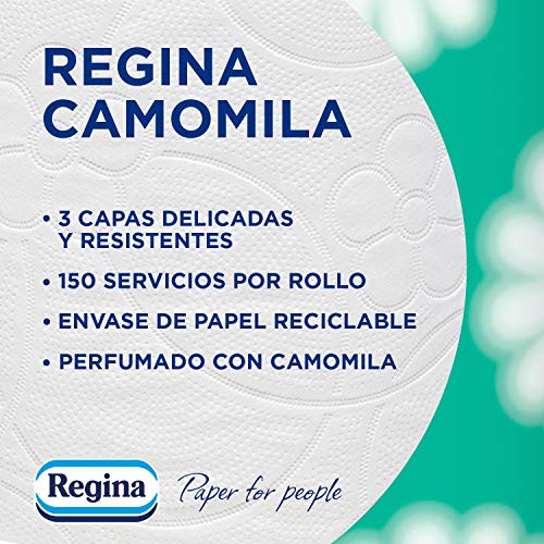 Regina Camomila Papel Higiénico | 42 rollos | 3 capas, 150 servicios por rollo | Perfumado con aroma a camomila | Envase de papel reciclable | Papel 100% certificado FSC®