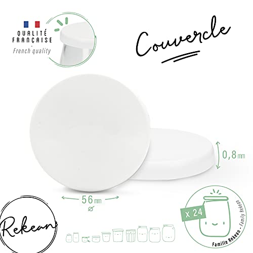 Rekean - Tapas herméticas blancas universales para botes de yogur de cristal - Diámetro 56 mm - Juego de 24 tapas de PVC - Tarros de mermelada para postres - Normas de conservación de alimentos