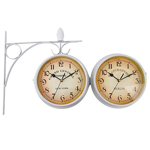 Samger Reloj de Jardin Doble Cara Reloj Grande Pared de Hierro Reloj Pared Clasico con Soporte para Cocina, Interior y Exterior, Blanco