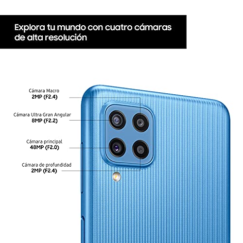 Samsung Galaxy M22 – Pantalla 6,4” (AMOLED HD+, 90Hz, 4GB RAM + 128GB almacenamiento, cuádruple cámara trasera, 5000 mAh carga rápida 25W) Azul [Versión Es]