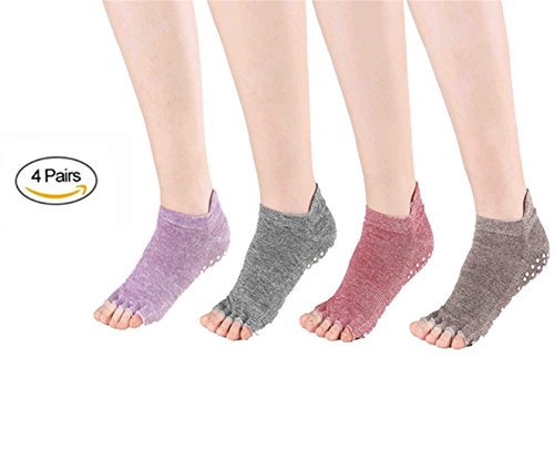 SANIQUEEN.G 4 Pares Algodón Full Toe Non Slip Skid Yoga Calcetines con Dedos Pilates para Mujeres (Estilo 2)
