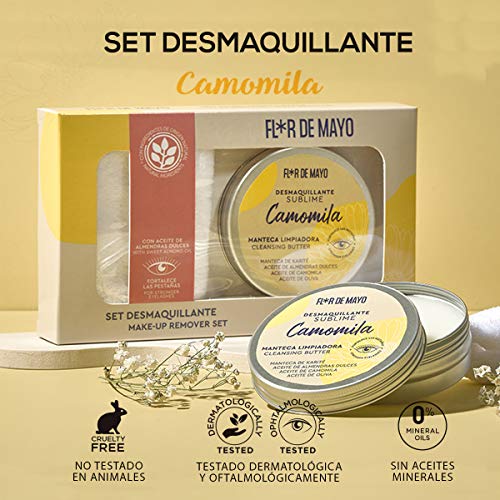 Set Crema Desmaquillante Ojos y Cara de Camomila, Manteca de Karité, Aceite de Oliva y de Almendras Dulces 90ml y Manopla Toallita Microfibra Reutilizable