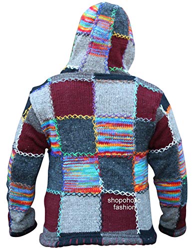 Shopoholic Fashion super cómoda chaqueta de punto con capucha con parches, de estilo nepalí y llena de colorido, Hippy Boho rojo Red Mix Small