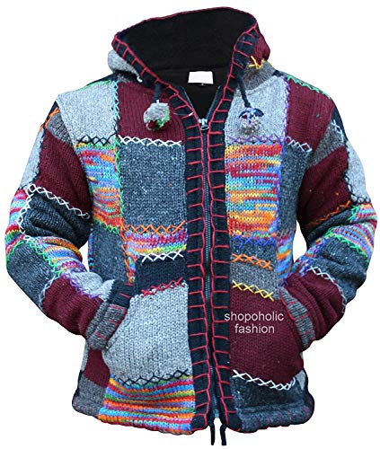 Shopoholic Fashion super cómoda chaqueta de punto con capucha con parches, de estilo nepalí y llena de colorido, Hippy Boho rojo Red Mix Small