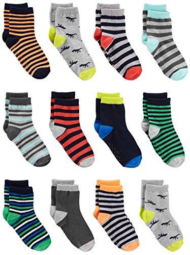 Simple Joys by Carter's Baby and Toddler Boys paquete de 12 calcetines ,Stripe/Dino ,2T/3T