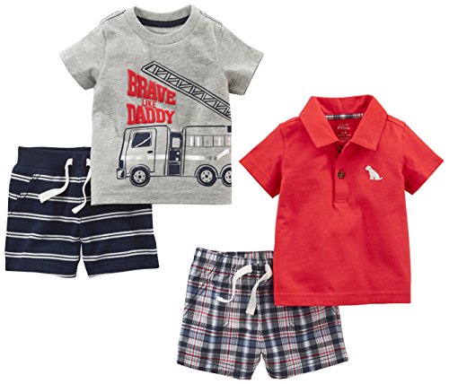 Simple Joys by Carter's - Juego de ropa de juego para niños (4 piezas) ,Red Plaid/Fire Truck/Blue Stripe ,3-6 Months