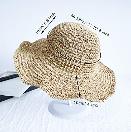 Sombrero de Paja de Las Mujeres, Playa de Verano Sombrero de Sol Plegable Gorra de Sol de ala Ancha Señora Trenzado para Viajes Decoración Vacaciones, Suave Transpirable (Beige)