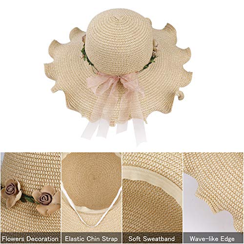 Sombrero de Paja para Mujer Plegable Bohemia Verano Sun Floppy Sombrero de la Playa con Flores del Borde Suave Transpirable Grande Ancho Cap para Viajes Vacaciones