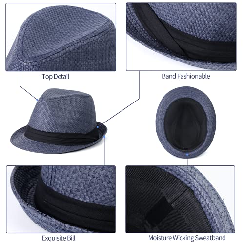 Sombreros de Paja de Panamá para Hombre, Sombreros de Playa de Verano de Paja de Papel para Hombre, Sombrero para el Sol, protección UV, Sombrero de ala Ancha Fedora (Negro, 58cm(22.8inch))