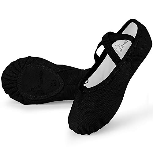 Soudittur Zapatillas Media Punta de Ballet - Calzado de Danza para Niña y Mujer Adultos Negras Suela Partida de Cuero Tallas 28