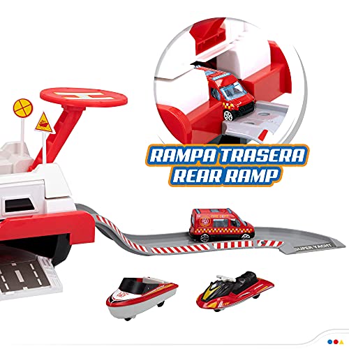 Speed&Go - Barco de bomberos con luces y sonidos, escala 1:64, incluye 3 vehículos, una lancha, una moto de agua y una ambulancia, para niños a partir de 3 años, funciona con pilas (incluidas)(46604)