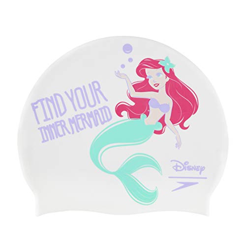 Speedo Disney Junior Slogan Print Cap Little Swimming Caps, Unisex-Youth, White/Lilac Mermaid 2 Pri, One Size