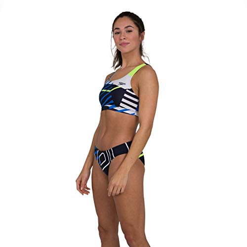Speedo Placement U-Back 2 Piece AF Bikini, Mujer, True Navy/Bondi Blue/Fluo Yellow/White, 34