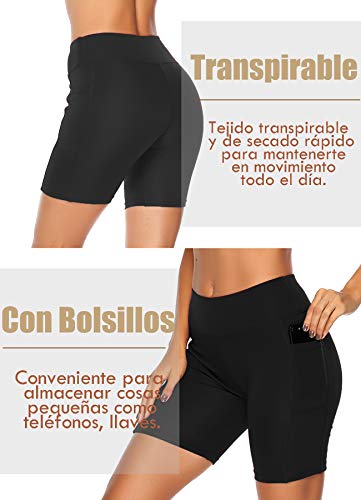 STARBILD Shorts Mallas Pantalones Cortos Elástico Deportivos para Mujer con Bolsillos en Dos Lados para Fitness Gym Yoga Negro S