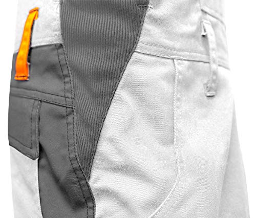 strongAnt - Pantalón de Peto de Trabajo Berlin, Bolsillos para Rodilleras - Pantalones de Pintor - Hecho en Europa - Talla: 26, Color: Blanco-Gris