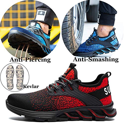 SUADEX Zapatos de Seguridad Hombre Mujer, Punta de Acero Zapatos Ligero Zapatos de Trabajo Respirable Construcción Zapatos Botas de Seguridad Rojo 44EU