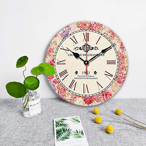 S.W.H Reloj de pared de madera con diseño de flores, estilo vintage, silencioso, no se hace tictac, para sala de estar, dormitorio, cocina, decoración del hogar (rosa)