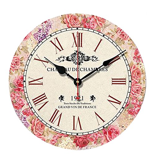 S.W.H Reloj de pared de madera con diseño de flores, estilo vintage, silencioso, no se hace tictac, para sala de estar, dormitorio, cocina, decoración del hogar (rosa)